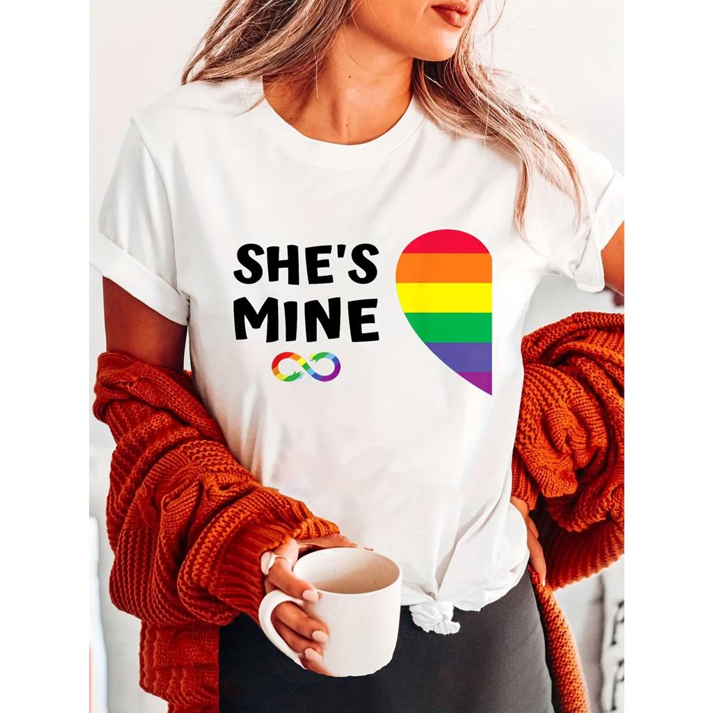 Shes Mine Half Rainbow Heart Fashion Letter Print T-shirt, Short Sleeve Crew Neck Casual Top for Summer & Spring, Women's Clothing