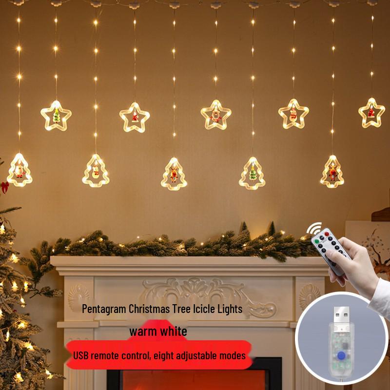 USB Remote-Controlled Copper Wire Curtain Lights with Christmas Stars & Snowflakes, Leather Line, for Holiday Decor