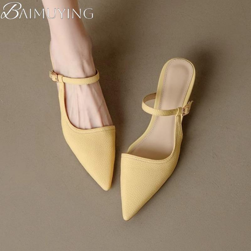 Fashion Women Slippers Pointed Toe Heeled Sandals Loafers Shoes Woman Mules Summer 2025 Trend Soft Leather Elegant Dress Mujer Slides
