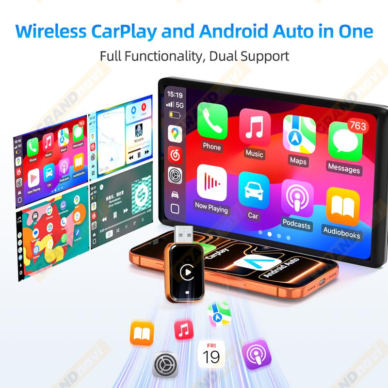 Wireless CarPlay Android Auto Apple Carplay Wireless Android Auto Orange Mini Car Play Adapter 2in1 AI Smart Box Bluetooth