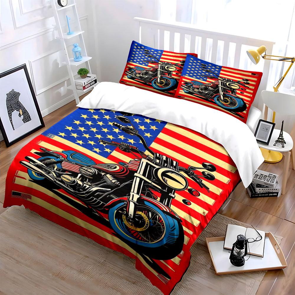 Motorcycle and American flag. Bedding sets Duvet cover sets Duvet covers Pillowcases(1*Duvet Cover 2*Pillowcases without duvet insert)