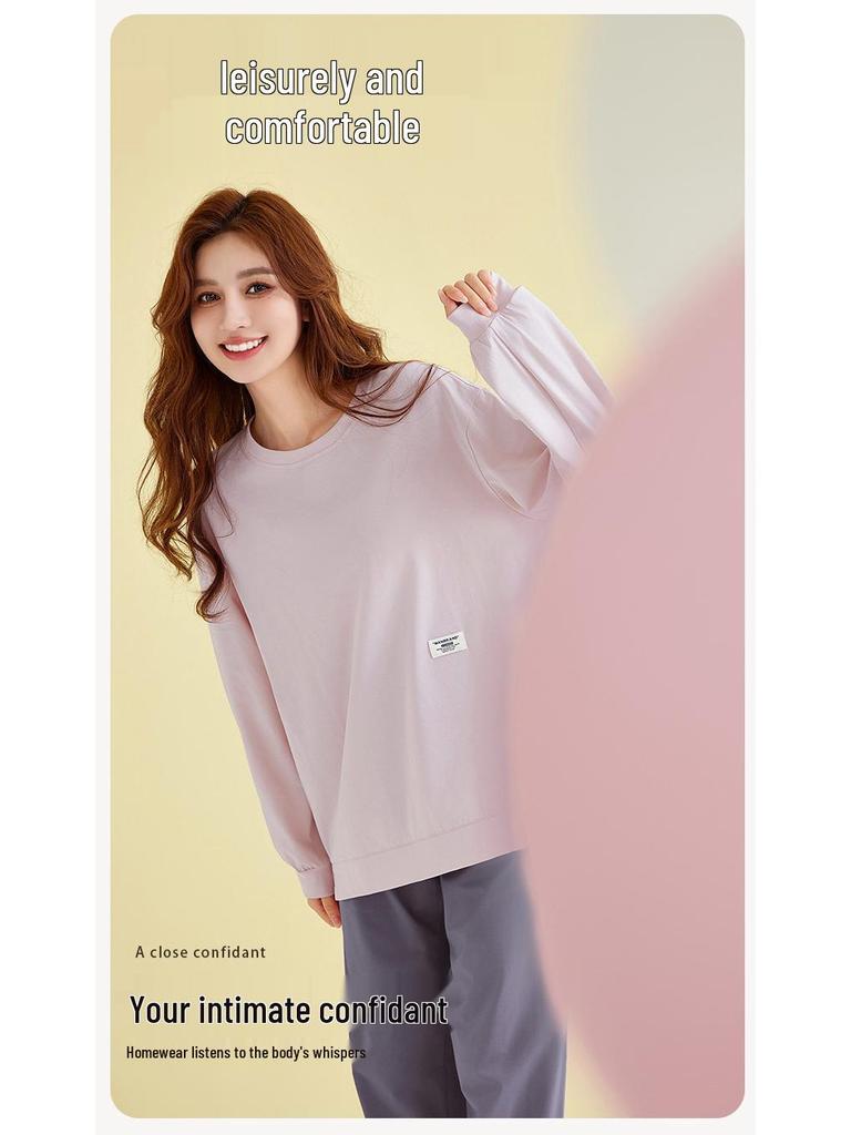 2025 Women's 100% Cotton Pajamas, Round Neck Long Sleeve Pullover, Casual Autumn/Spring Homewear Set