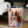 1pc Laundry Basket, Happy Spaniel with Flower Print. Foldable Storage Basket with Handle, Made of Polyester, Perfect for Organizing Rooms And Storing 