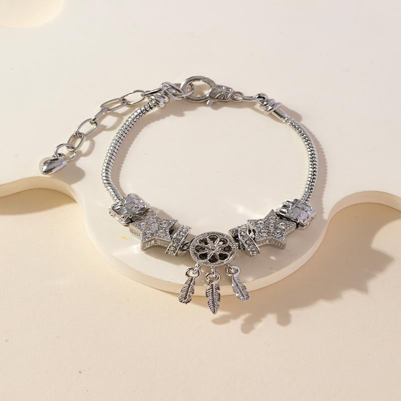 Adjustable Beaded Bracelet with Angel Wing Pendant Five Point Star Accent and Glue Rhinestone Embellishment