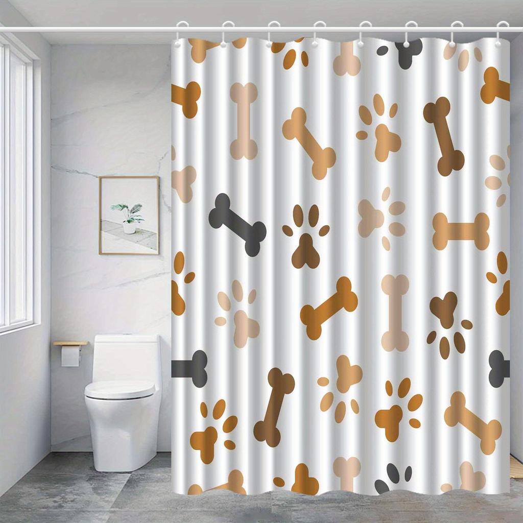 1Pc Modern Simple Cartoon Bone And Paw Print Shower Curtain Polyester Fabric, Machine Washable, Suitable For Bathroom Decoration