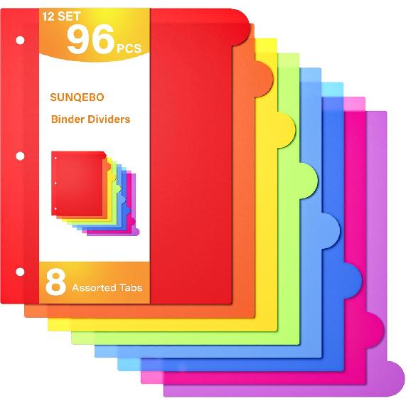 Dividers for 3 Ring Binder, 8 Tab Vibrant Colors 3 Sets 24 Pcs Plastic Binder Dividers with Tabs, 3 Hole Punched Tab Dividers Letter Size for School