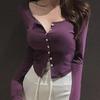 Korean Dongdaemun Retro Dark Purple Sexy Half-Open Collar Tight Long-Sleeve Cardigan Top