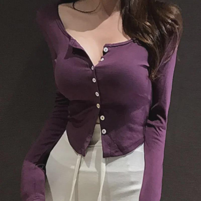 Korean Dongdaemun Retro Dark Purple Sexy Half-Open Collar Tight Long-Sleeve Cardigan Top
