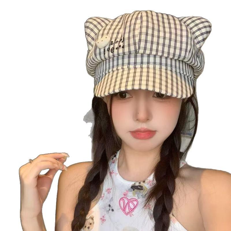 Cute Plaid Cat Ears Beret Female Spring And Summer Sweet Face Small Octagonal Hat Big Head Circumference Newsboy Painter Hat