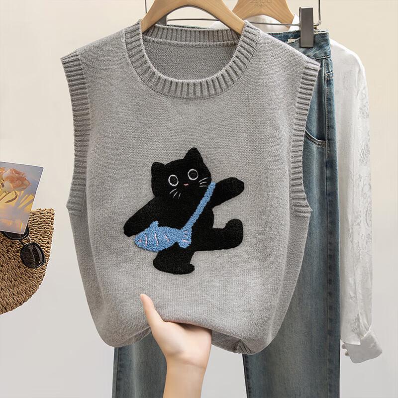 

Women s Ribbed Round Neck Embroidered Knitted Vest One Size