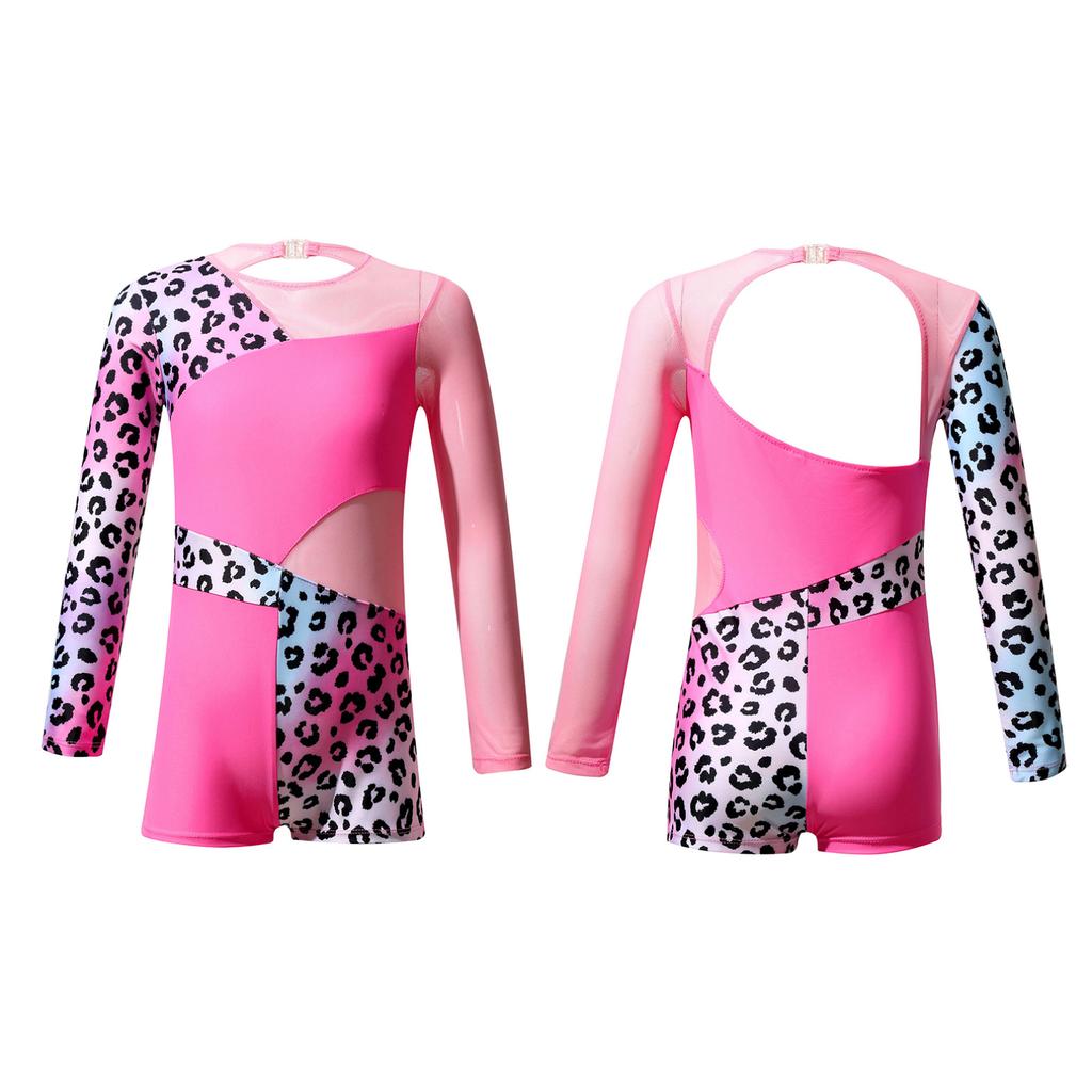 Kids Girls Athletic Sport Gymnastic Leotard Dance Unitard Floral Long Sleeve Bodysuit Shorts Jumpsuit