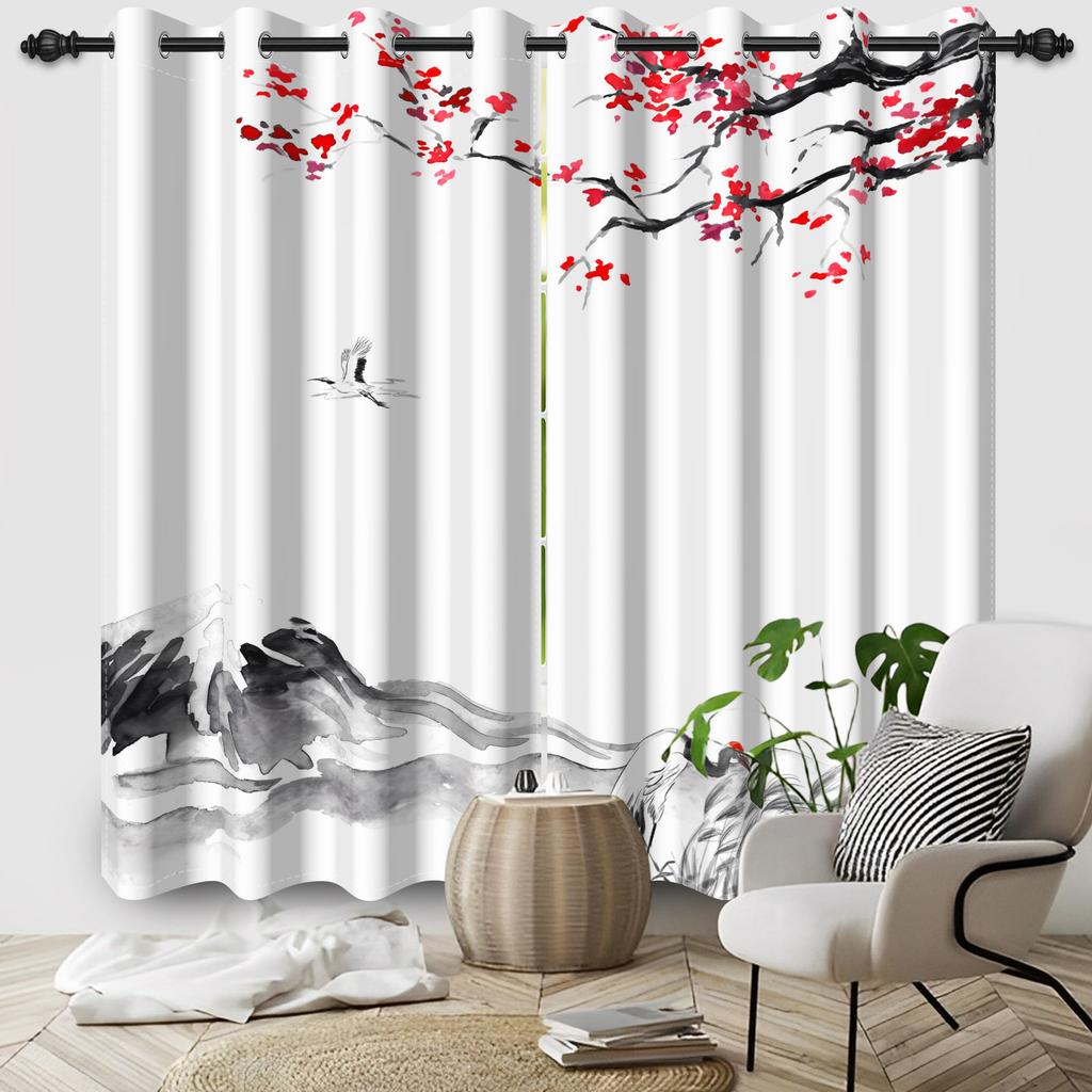 2pcs/Set Cherry Blossom Window Curtain Japanese Scenery Mount Fuji Sun Bedroom Living Room Polyester Blackout Soundproof Curtain