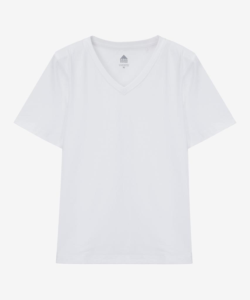 Basic House Women'S V-Neck Stretch Slim Fit Short Sleeve T-Shirt White Lats0204 (A Type)