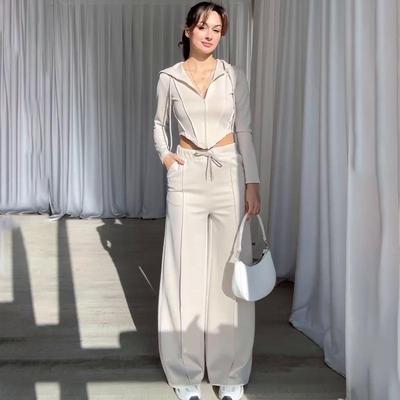 Women's Solid Color Hooded Top & Straight-Leg Pants Casual Set (2025)