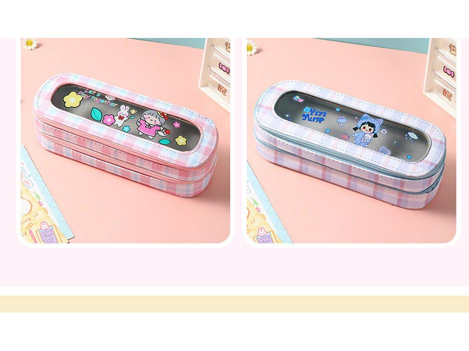 Large Capacity Transparent Cartoon Pencil Case for Girls with Double-Layer Design, Ideal for Elementary School Students
