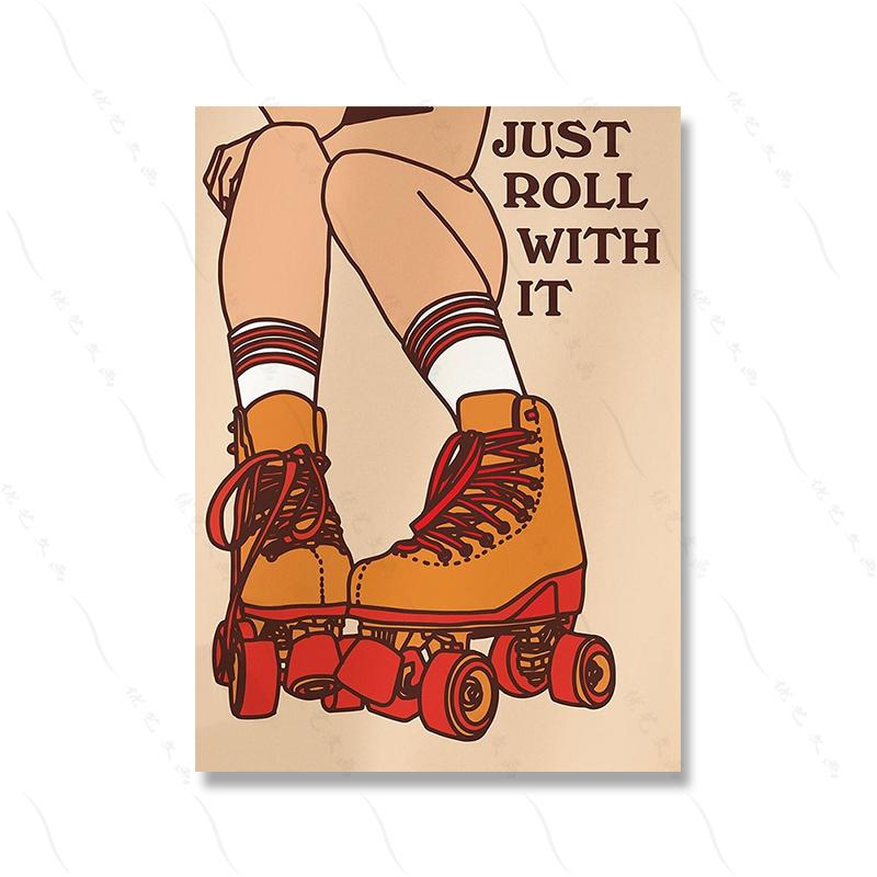 

Retro 80s Wall Print Groovy 70s Bar Club Wall Decor Roller Skates Illustration Trendy Poster Red Positive Quote Canvas Painting 21x30cm No Framed