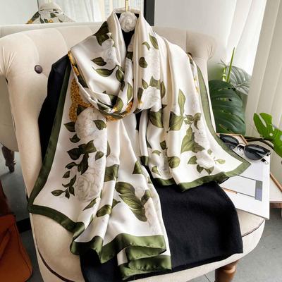 Spring, Summer And Autumn Simulation Silk Scarf Women'S Camellia Decoration Versatile Shawl Sunscreen Beach Towel