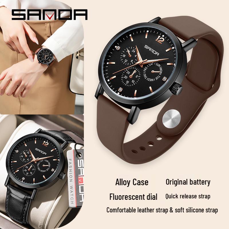 Sanda Waterproof Six-Hand Quartz Wristwatch, Luminous Hands, Unisex for Business and Casual Wear