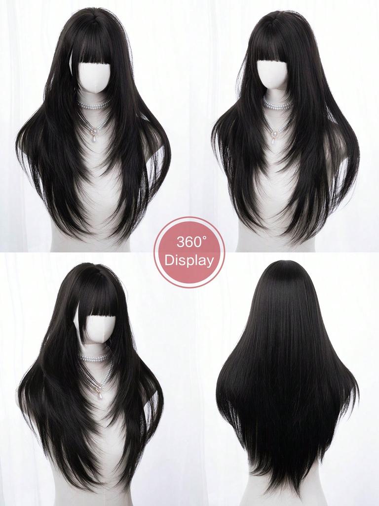 Ashely Black Brown Synthetic Heat-Resistant Straight Hair Wigs with Bangs Suitable for Daily Use Natural and Realistic False Wig