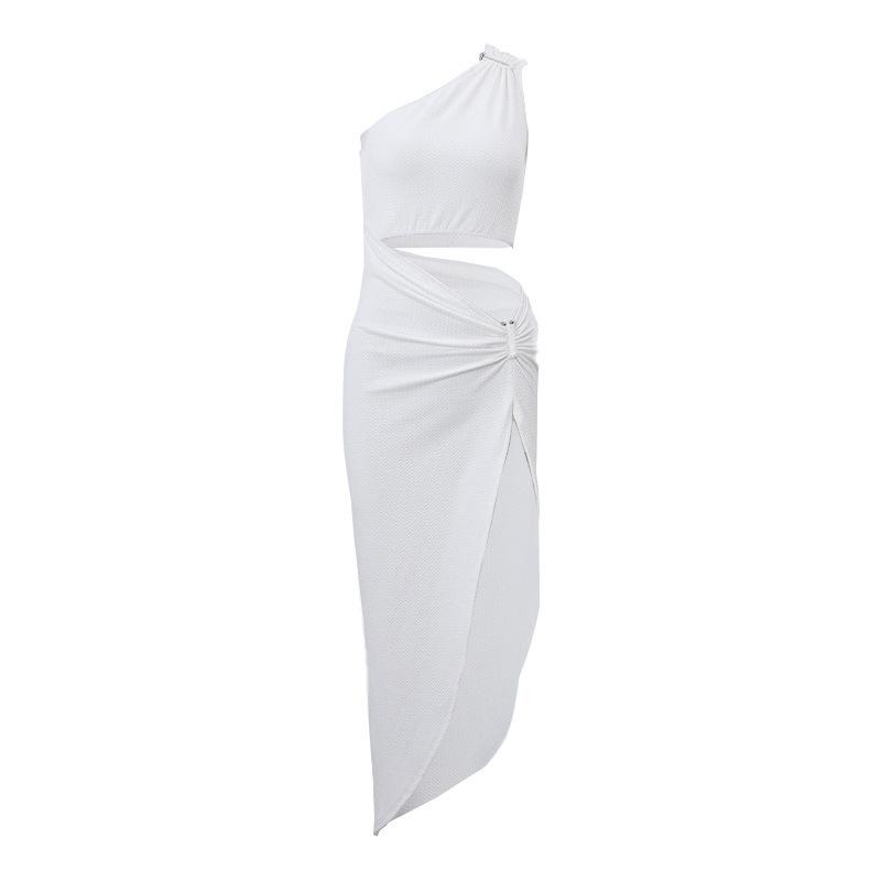 

European and American ins autumn explosion sexy babes slanted shoulder fake two slim-fit hollow high-waisted slit dress S белый