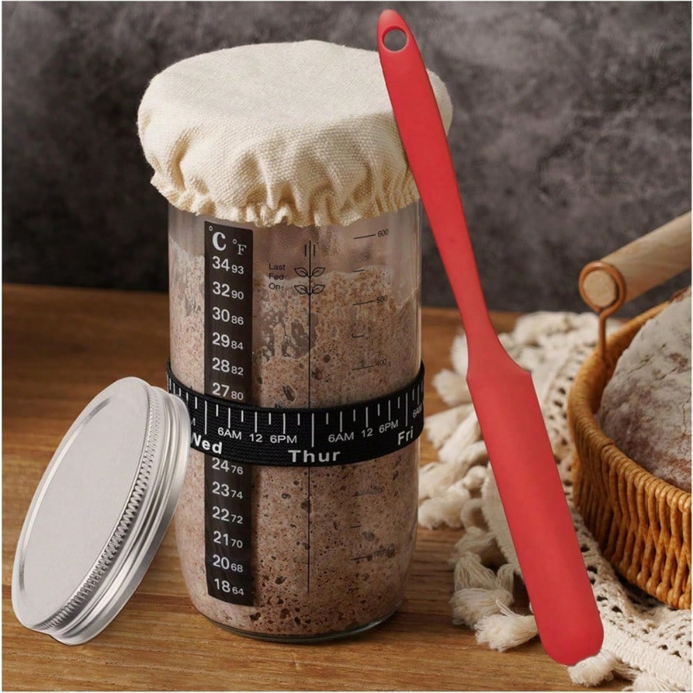 Glass Dough Proofer with ThermometerReusable Round Box LidHand WashDate Marked Feeding TapeKitchen Bread Baking Essentials