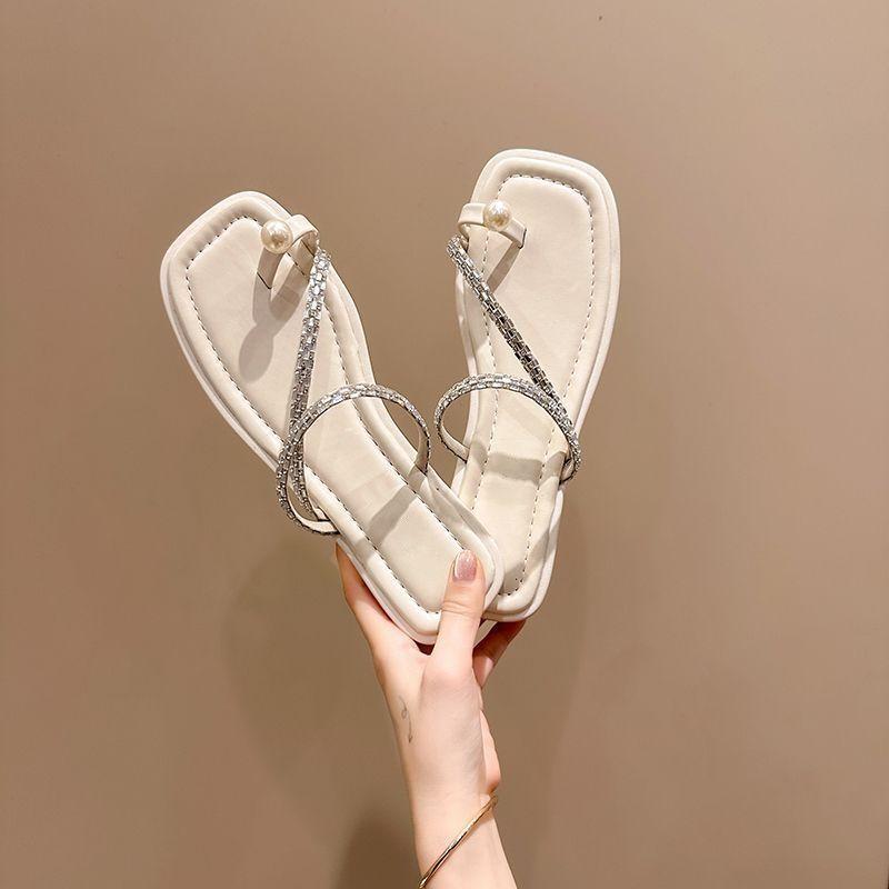 Flat-bottomed Rhinestone Temperament Set Toe Cool Slippers Fairy Shoes Wear 2024 New Summer French One-word Sandals