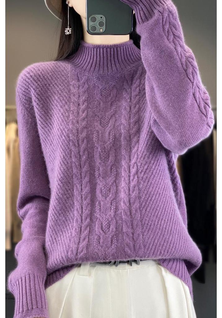 Chunky Knit Cable Wool Sweater - Half-High Neck, Textured, Elegant Autumn/Winter Outerwear