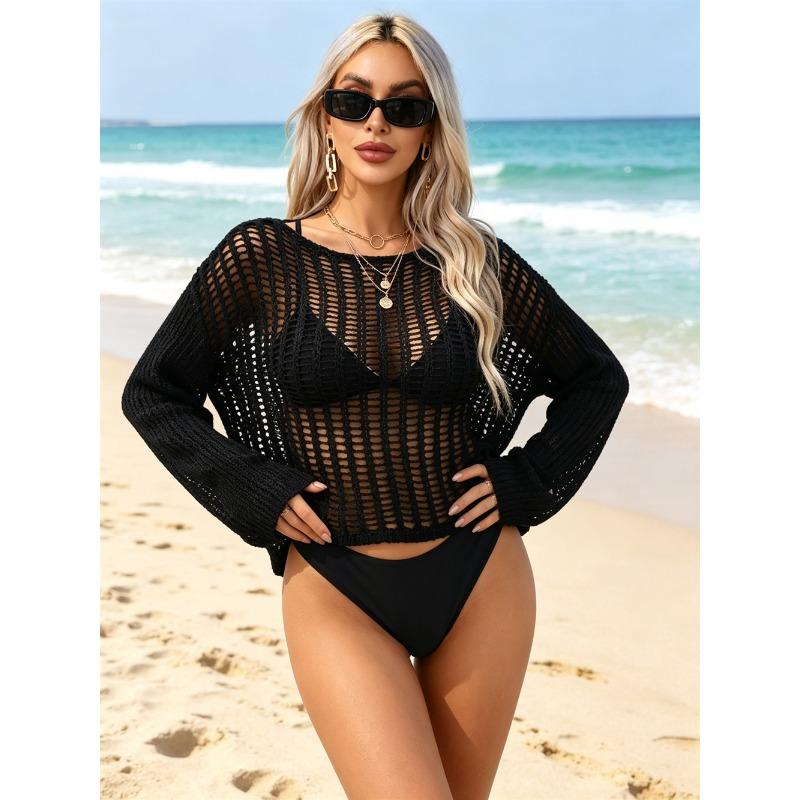 Womens Solid Color Hollow Out Knit Long Sleeve Beach Cover Up