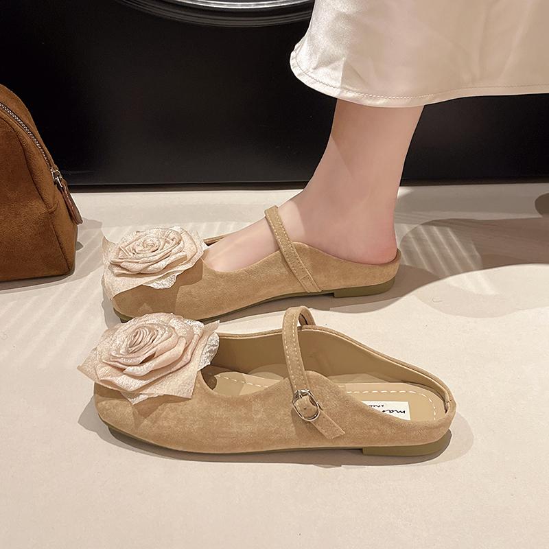 Fashion Aphixta New Big Flower Dec Slippers Khaki Sweet Women Slippers Soft Sole Slip On Outside Round Toe Shoes Flat Heel Fashion Slide