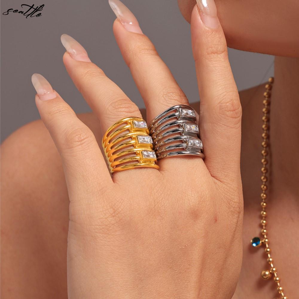 Luxury White Zirconia Ring Women's 316 Stainless Steel Gold-Plated Multi-Layered Long Couple Rings Waterproof Zircon Gift