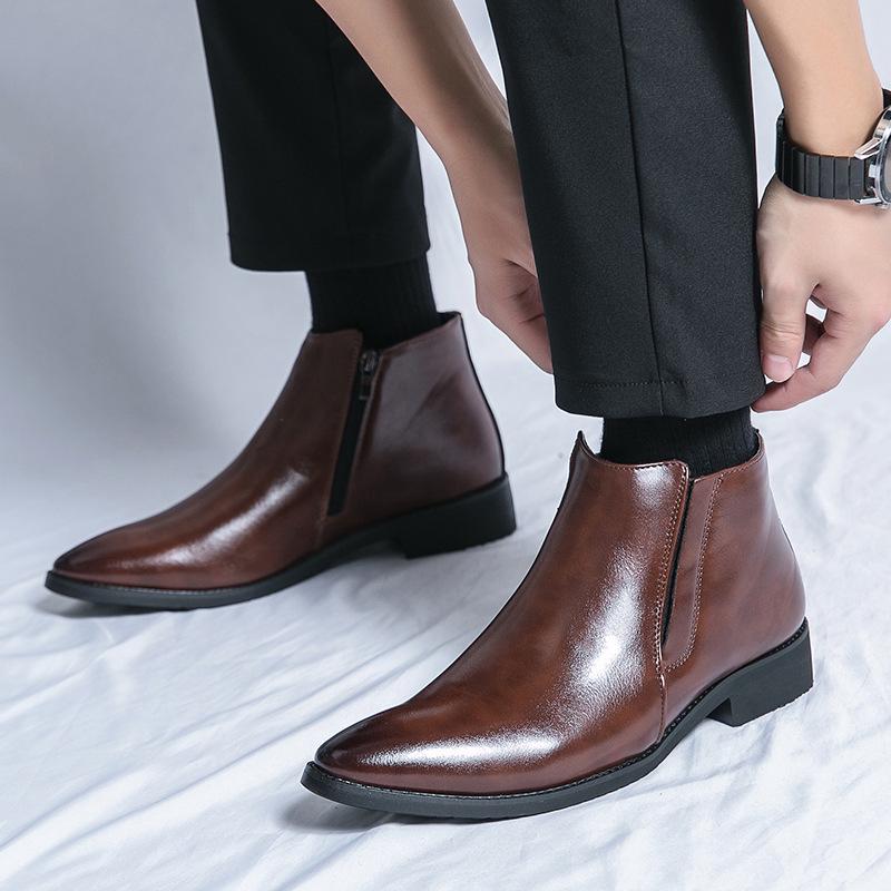 Stivali da uomo taglie forti stile coreano a metà polpaccio: Stivali Martin Formali in Pelle Autunno/Inverno a Punta, con Zip Laterale, Slip-On, Alti.