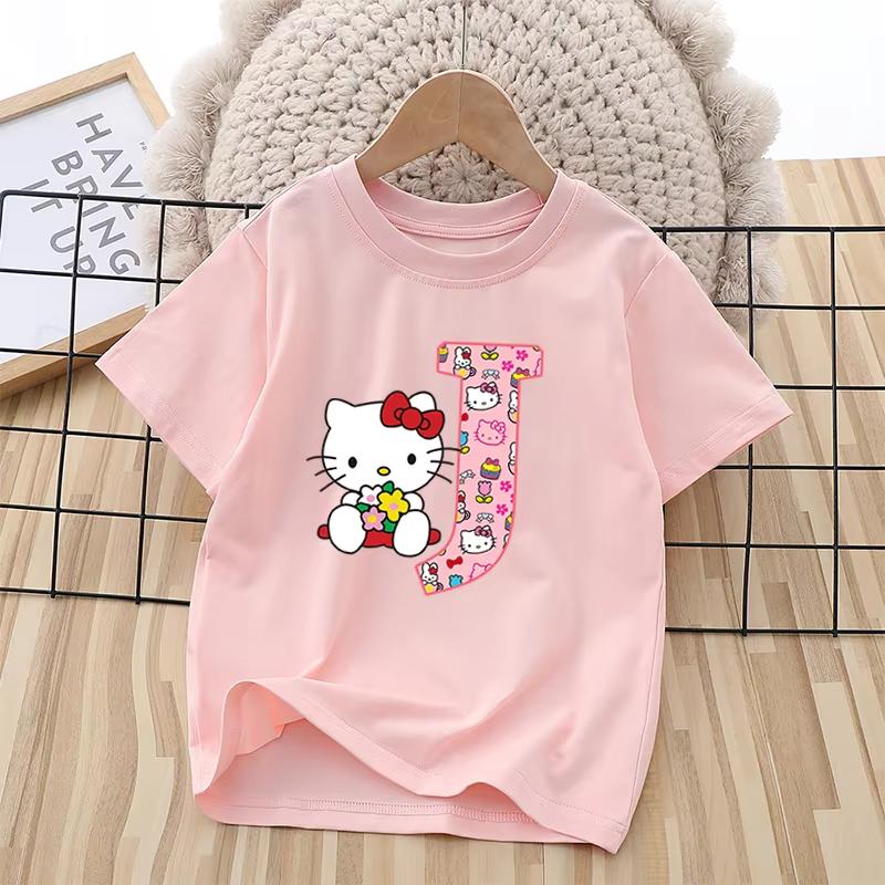 2026 Summer New Trendy Cool Childrens Tshirt Katie Cat Letter Printed Pure Cotton Round Neck Parent Child Wear Unisex
