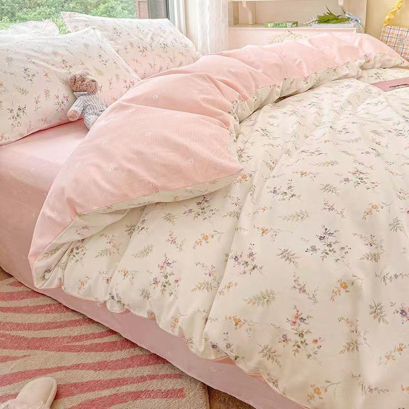 Ins Korean Pastoral Flower Bedding Set Purple Bed Flat Sheet Pillowcase Twin Full Queen Size Bed Linen Women Girls Duvet Cover