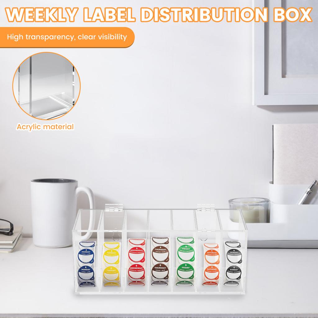 7Slot Storage Box Week Label Dispenser Acrylic Wallmount Transparent Box Versatile Sticker Roll Dispenser for Home School Office