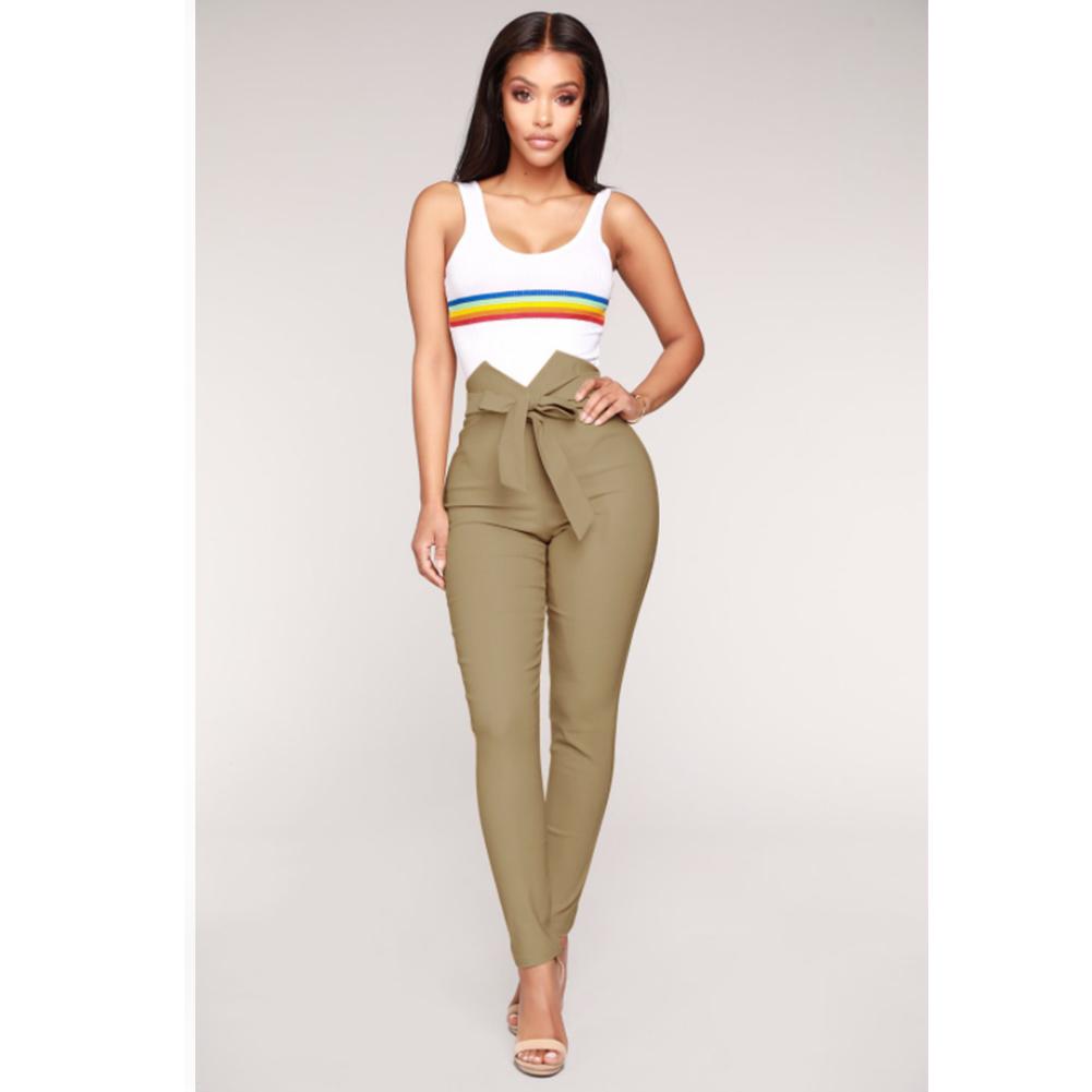 2026 Spring Summer Women s Elastic High-Waist Tie Waist Casual Long Pants, Solid Color Pencil Pants with Bow Trousers XL хаки