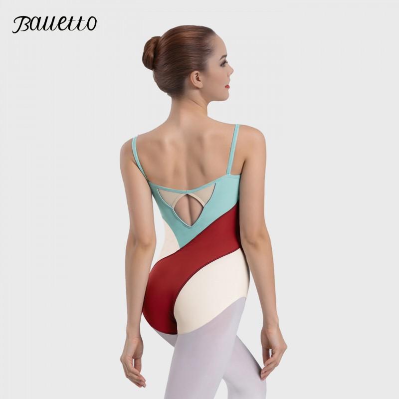 Womens High-Stretch Color-Block Ballet Leotard With Spaghetti Straps Dance Practice Performance