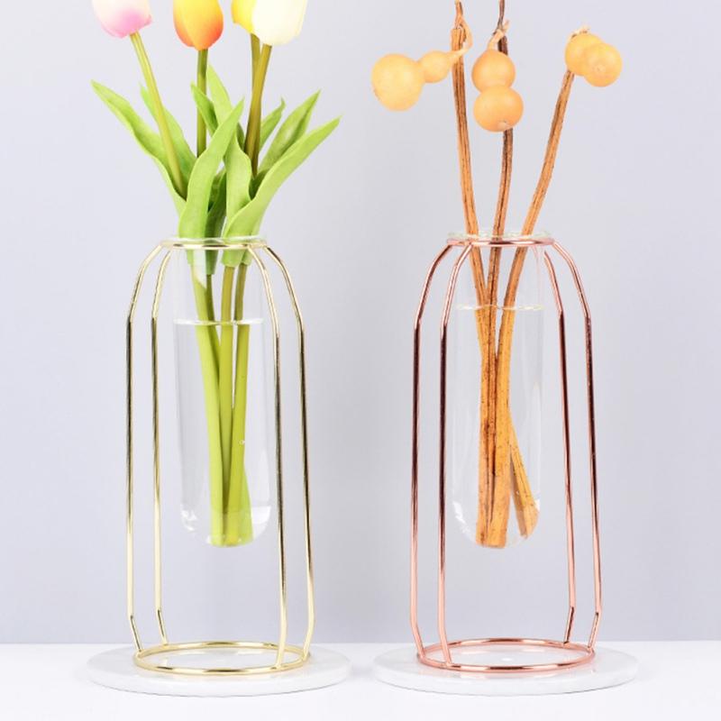 Decorative Floral Plants Container Nordic Hydroponic Vase with Glass Tube Stainless Steel Hanging Flower Vase Tabletop Ornaments