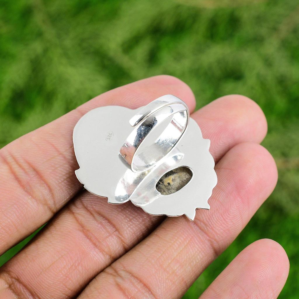 Oval Plume Agate Stone 925 Silver Trendy Bezel Stackable Elegant Sister New Ring