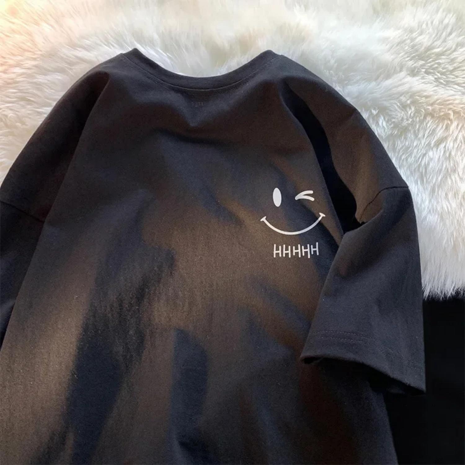 Summer Women s Smiling Face Funny Printed Fashion Short Sleeved T-shirt American Basic Simple Pullover Top S чёрный