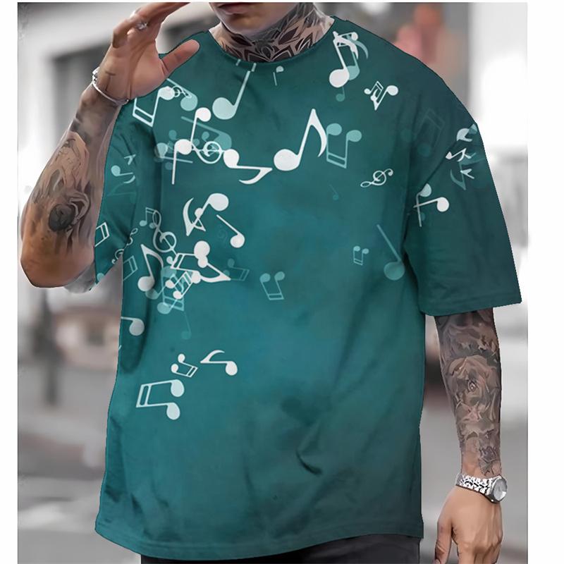 Fashionable piano key pattern T-shirt, summer popular short sleeved round neck 3D note printed T-shirt, simple casual loose T-shirt