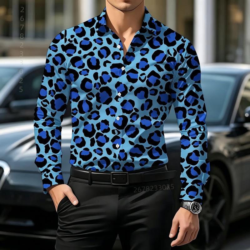 Retro Style Gradient Leopard Print Men's Shirt with Contrasting Print, Slim Fit Long Sleeved, Personalized Street Fashion Shirt