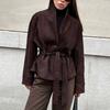 Autumn and winter Maillard retro suede waist short jacket Korean high-end light and familiar windproof leather jacket women