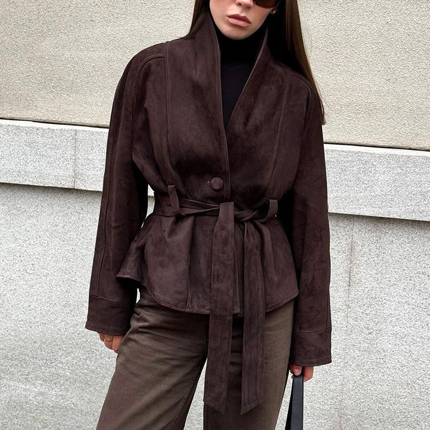 Autumn and winter Maillard retro suede waist short jacket Korean high-end light and familiar windproof leather jacket women