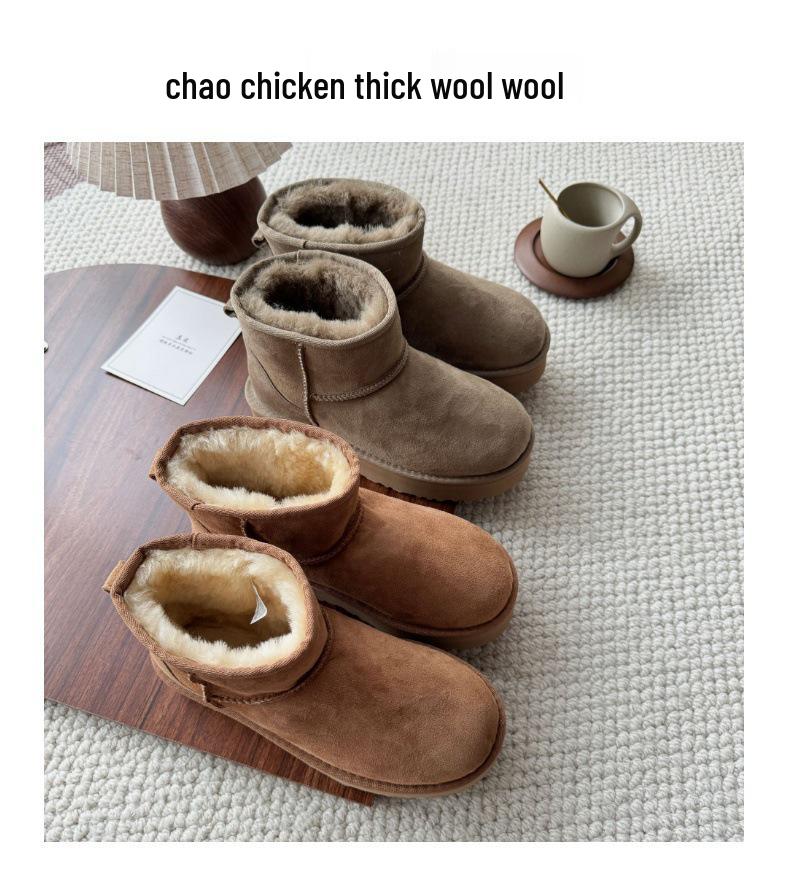 Women's Thick-Soled Snow Boots, Leather & Fur, Height-Boosting, Wool-Lined, Short Winter Boots.