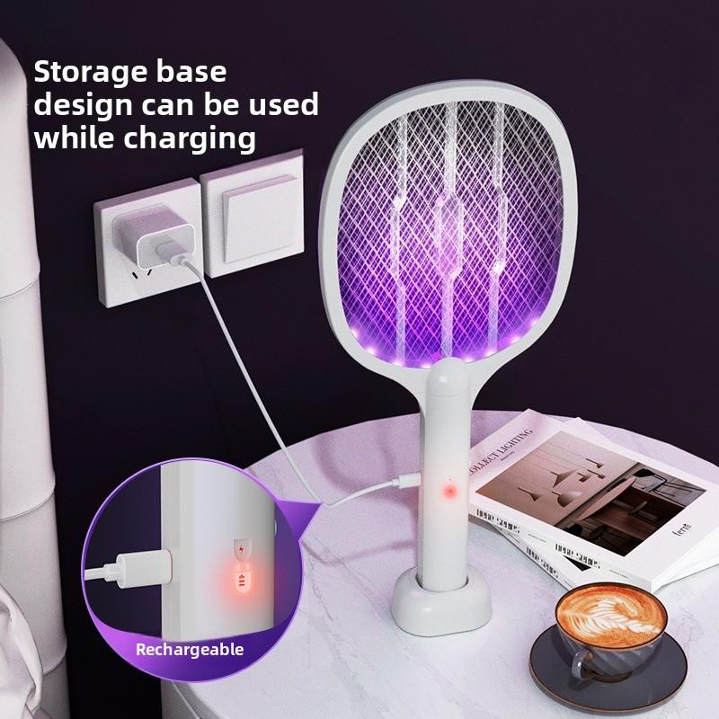 New 2-in-1 electric mosquito swatter with storage base,rechargeable,fly,bat,insect,use for home office,backyard,terrace camping