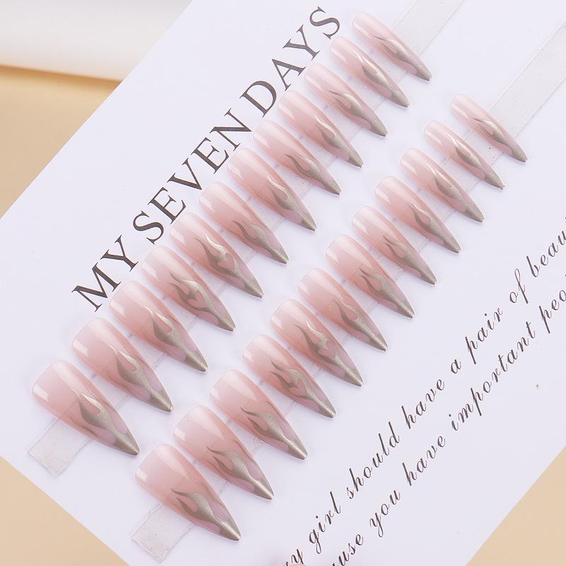 24-Piece Silver Flame Long Teardrop Nude Nail Art Set - Wearable, Removable Fake Nails
