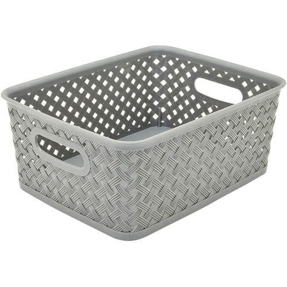 Small Wicker Storage Bin Sturdy Polypropylene Plastic Lightweight Baskets with Handles Home Organization Gray 10x8x4 In