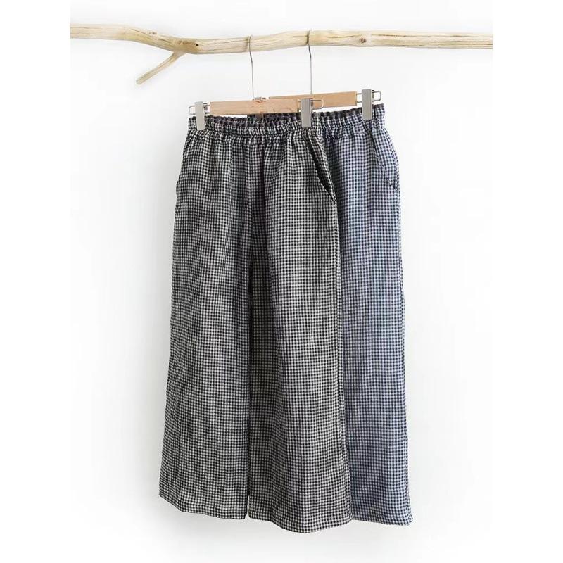 

Casual black and white plaid linen wide-leg pants women s summer new elastic waist loose nine-point pants cotton and linen straight-leg pants 2XL