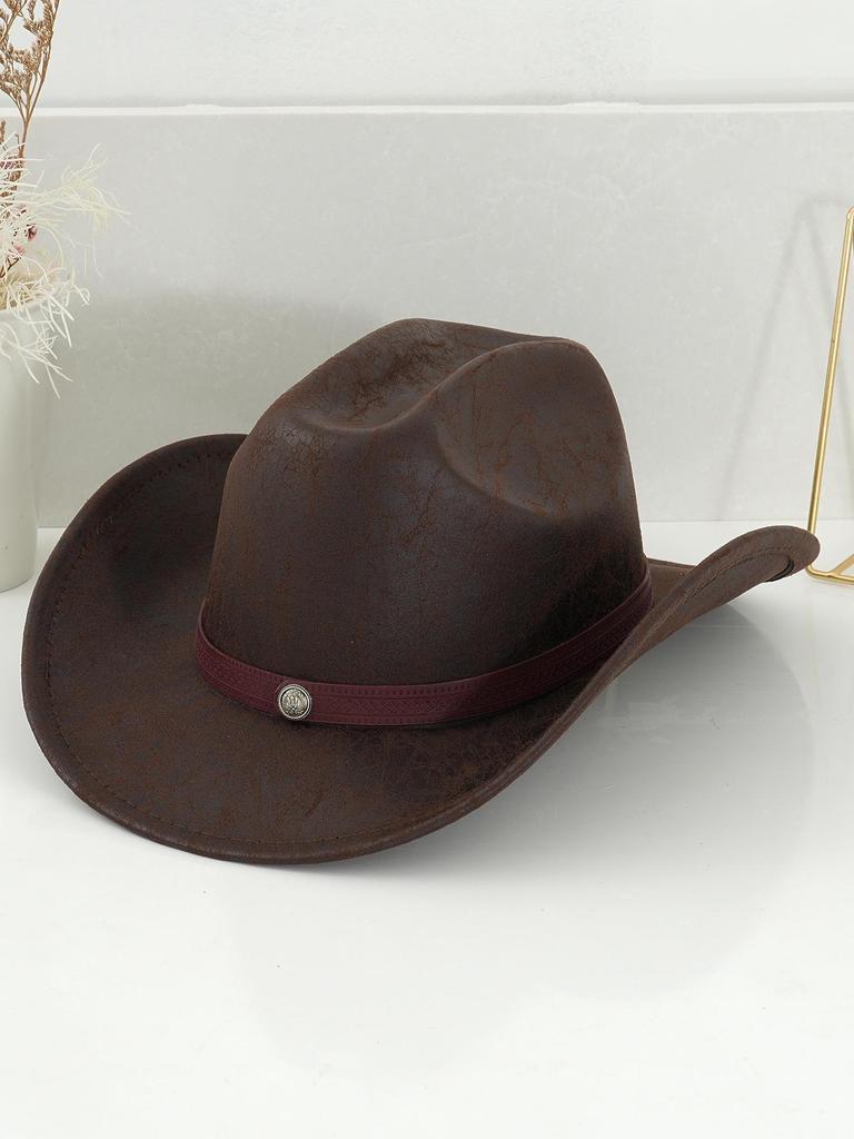 Unisex westernové kovbojské klobouky: Kovové kulaté a boční vzory s přezkovým páskem, ideální na večírky a cestování u táboráku