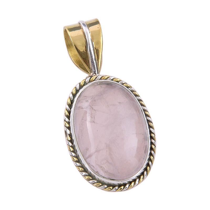 Natural Rose Quartz 925 Solid Sterling Silver Jewelry TwoTone Pendant 1.25" E9f29
